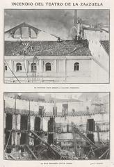 Historic black and white photo of the 1909 fire at Teatro de la Zarzuela