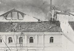 Fire at the Teatro de la Zarzuela in 1909 viewed from the main facade