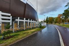 Helsinki Olympic Stadium exterior with cloudy sky