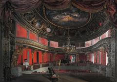 View of Marie-Antoinette's small theater at Petit Trianon in 1838 with red wallpaper during Louis-Philippe era