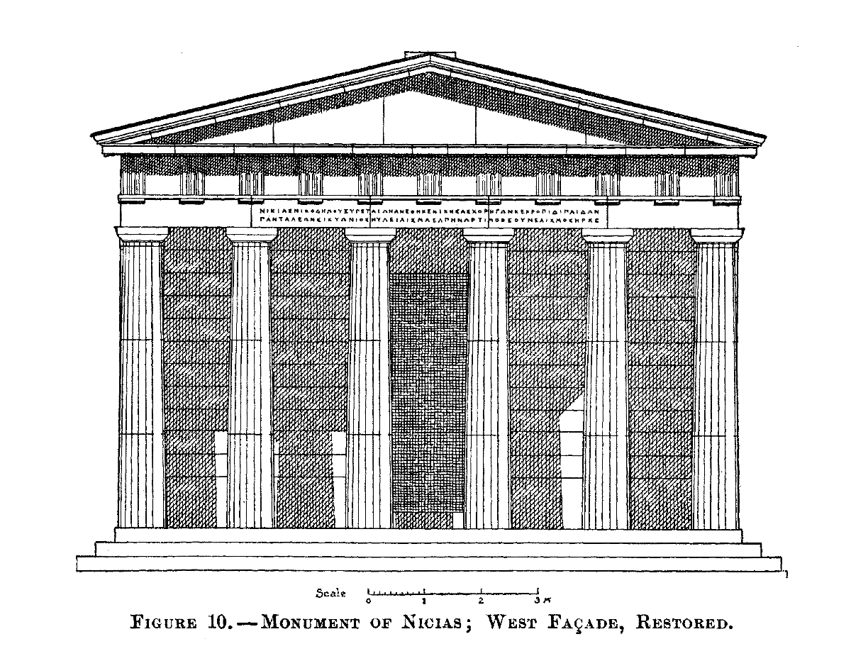 Restored elevation drawing of the Choregic Monument of Nikias on the south slope of the Acropolis in Athens from 1910