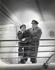 Le Padre and Tit-Coq characters on a boat during Tit-Coq play at Monument National