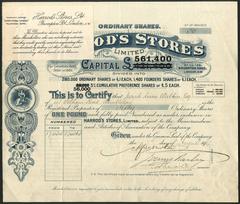 Historic share certificate of Harrod's Stores Ltd. from 1903