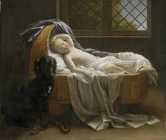 The Sleeping Child in the Care of a Brave Dog painting by Jeanne-Elisabeth Chaudet showing child asleep in cradle with courageous dog guarding against viper