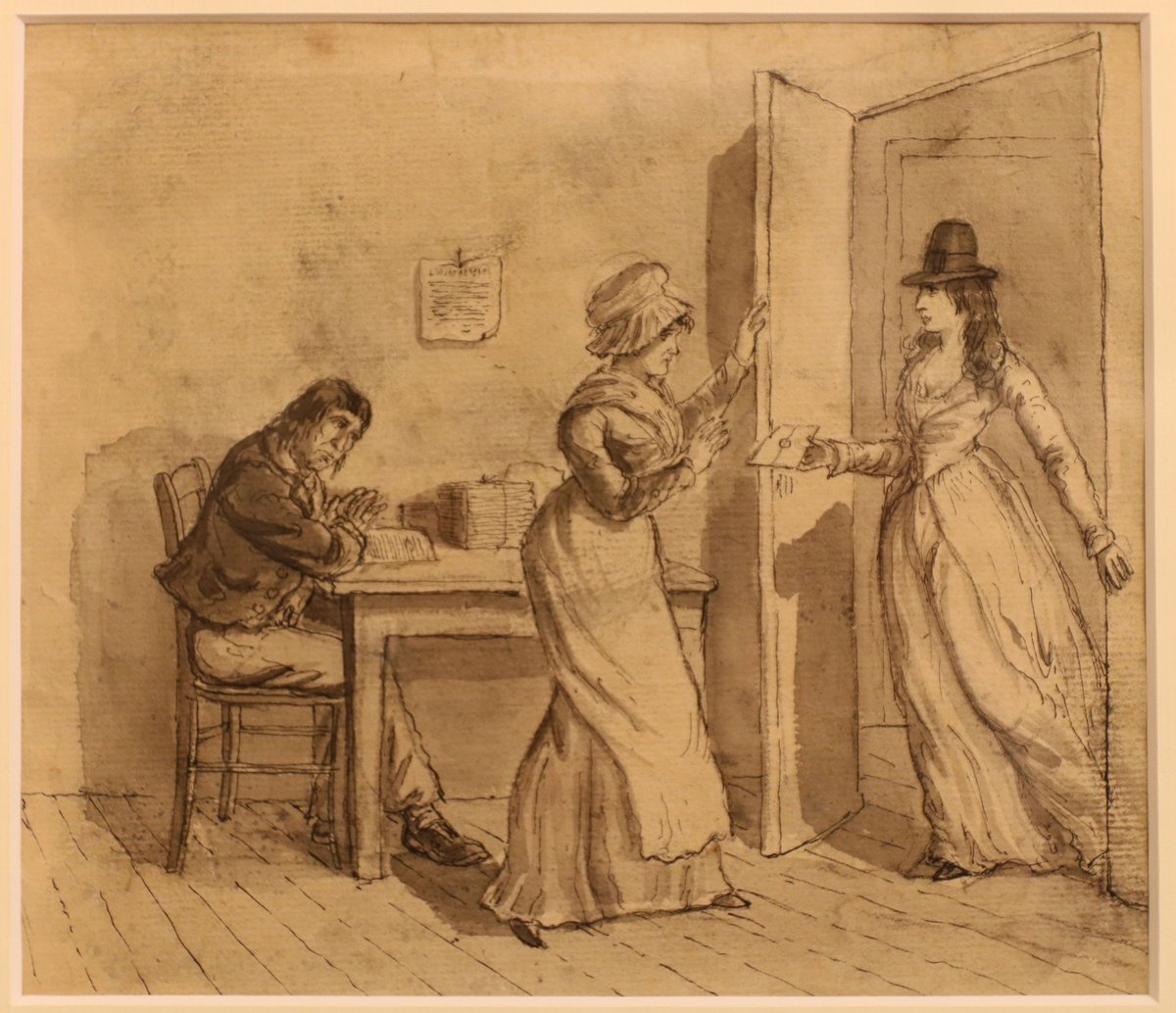 Charlotte Corday presenting herself to Marat, pen drawing with grisaille highlights