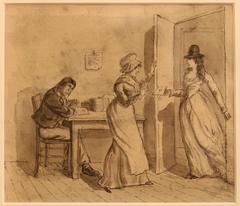 Charlotte Corday presenting herself to Marat, pen drawing with grisaille highlights