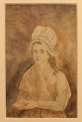 Jean-Jacques Hauer drawing of Charlotte Corday holding a book with brown ink pen