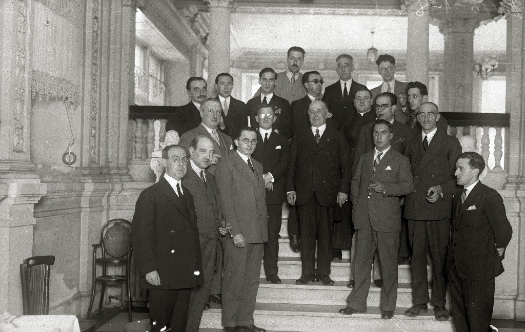 Different personalities at the tribute to Arturo Campion including Julian Elorza president of the Diputacion and Sociedad de Estudios Vascos Carmelo Etxegaray Julio Urquijo Lizardi Orixe and Aitzol