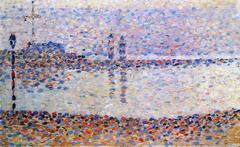 Georges Seurat painting Gravelines: An Evening Study with soft light and pointillism technique