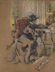Painting of a woman in an interior with a dog by Vuillard