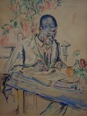 Watercolor painting of a black man writing by Lucie Cousturier