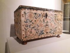 17th century French satin, silk, and embroidery covered wooden box with silver metallic thread, including flat stitch, overlapping stitch, and knot stitch embroidery techniques