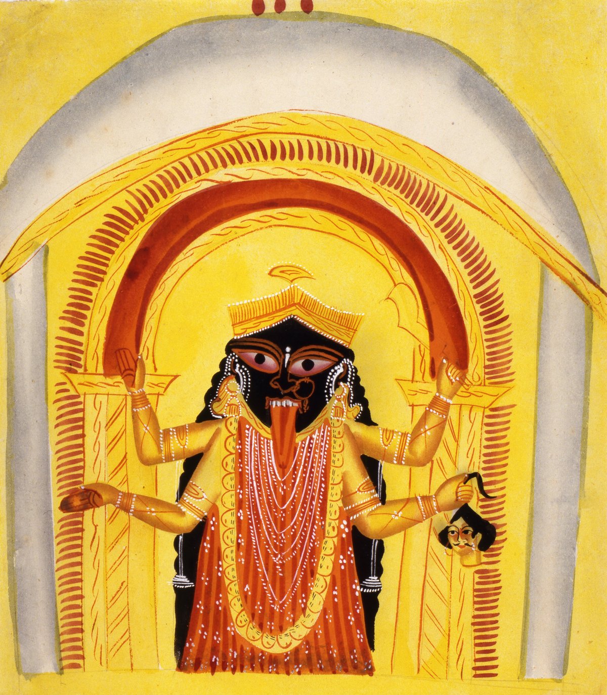 Portrait of the Hindu goddess Kali in traditional Kalighat style from late 19th century