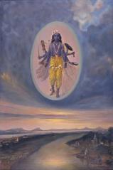 The Goddess Kali depicted above Triveni Sangam at sunset