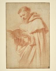 17th-century sanguine drawing of a monk reading a book, half-length, with focused gaze