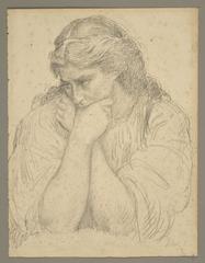 Bust of an angel with melancholic expression, head tilted and hair falling on shoulders, hands holding lower face