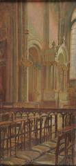 Interior view of Saint-Germain-des-Prés chapel with rows of chairs and soft pink lighting