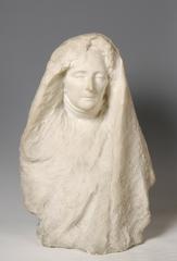 Bust of a woman with an elongated face, heavy eyelids, prominent cheekbones, and pursed lips, wearing a large mourning veil