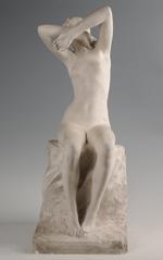 Nude woman sitting with eyes half-open, stretching with head tilted back and arms raised and bent