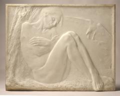 Nude elderly woman leaning against a tree, head bowed, curled up with crossed arms and legs, birds flying on the right
