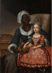 Portrait of young girl Marie-Anne Grellier in the arms of her nurse, painted after 1718 by Chanteloup for a colonial family from Saint-Domingue