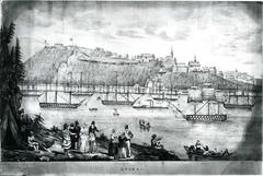 Lithograph of warship HMS Hastings arriving at Quebec City with Count Durham, Governor General of Canada, dated May 28, 1838