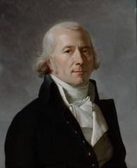 Portrait of Frédéric-César de La Harpe at age 49 with white-gray hair, wearing a white tie, frill, white waistcoat, and dark blue frock coat against a gray to sky blue background