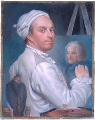 Self-portrait of Jean Huber painting Voltaire with a hawk and violin in the background