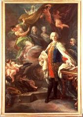 Portrait of the castrato singer Farinelli (Carlo Broschi) with Spanish King Ferdinand VI and Queen Maria Barbara di Braganza in the background, possibly including painter Corrado Giaquinto