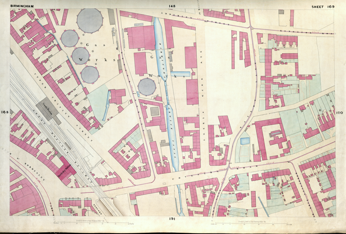1855 detailed survey map sheet 169 of Birmingham borough England showing urban features and infrastructure