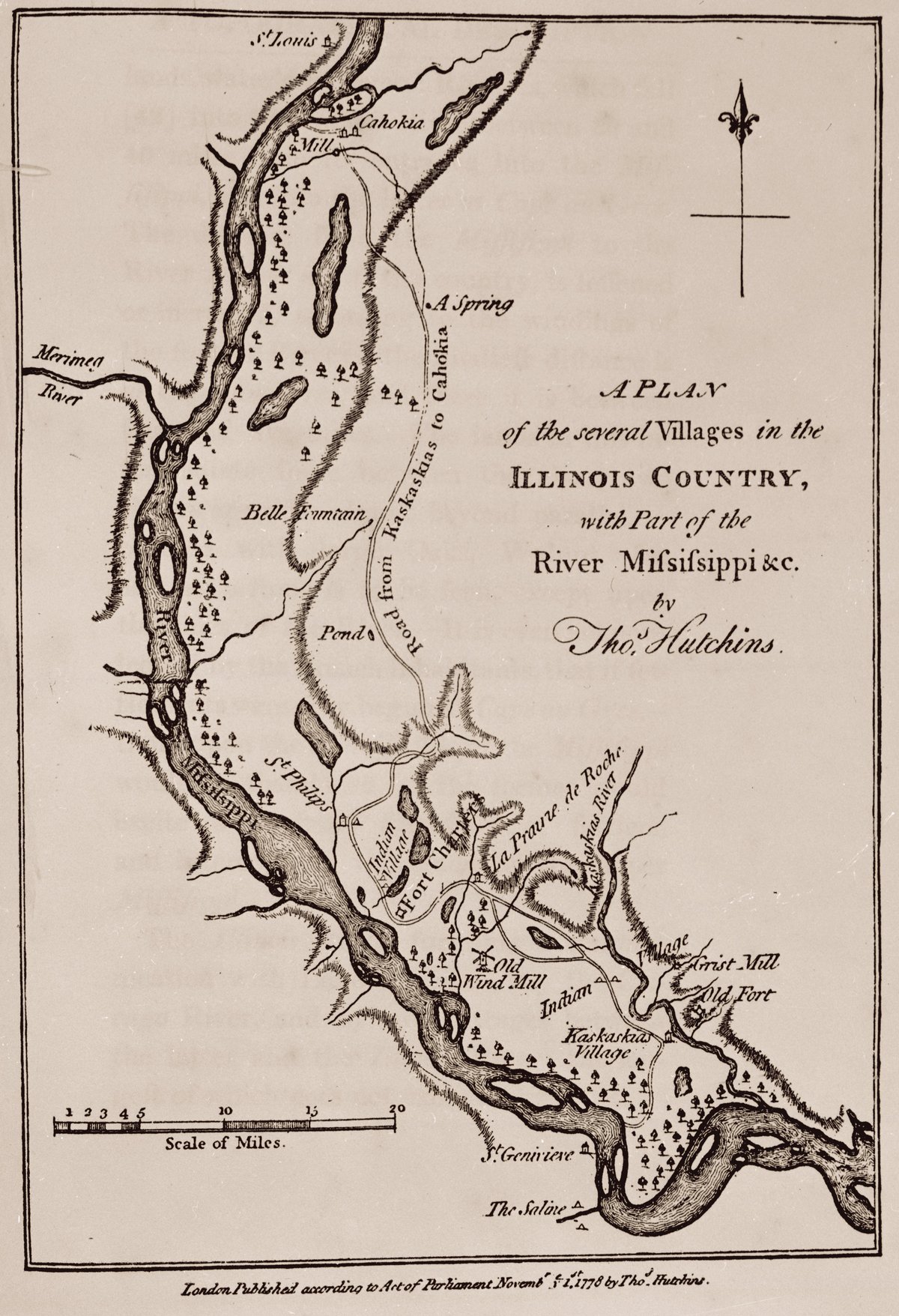 Historical map showing villages in the Illinois Country and part of the Mississippi River by Thomas Hutchins