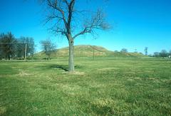 Monks Mound rising from flat surrounding grassland at Cahokia Mounds State Historic Site Illinois