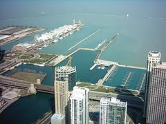 Navy Pier in Chicago viewed from Aon Building with lake and city skyline