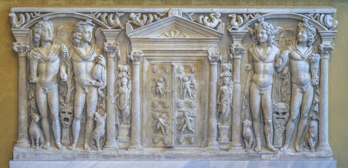 Roman marble sarcophagus front panel depicting the four seasons
