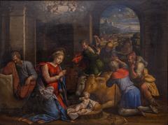 Adoration of the Shepherds painting by Benvenuto Tisi depicting the nativity scene with Mary, Joseph, baby Jesus and shepherds