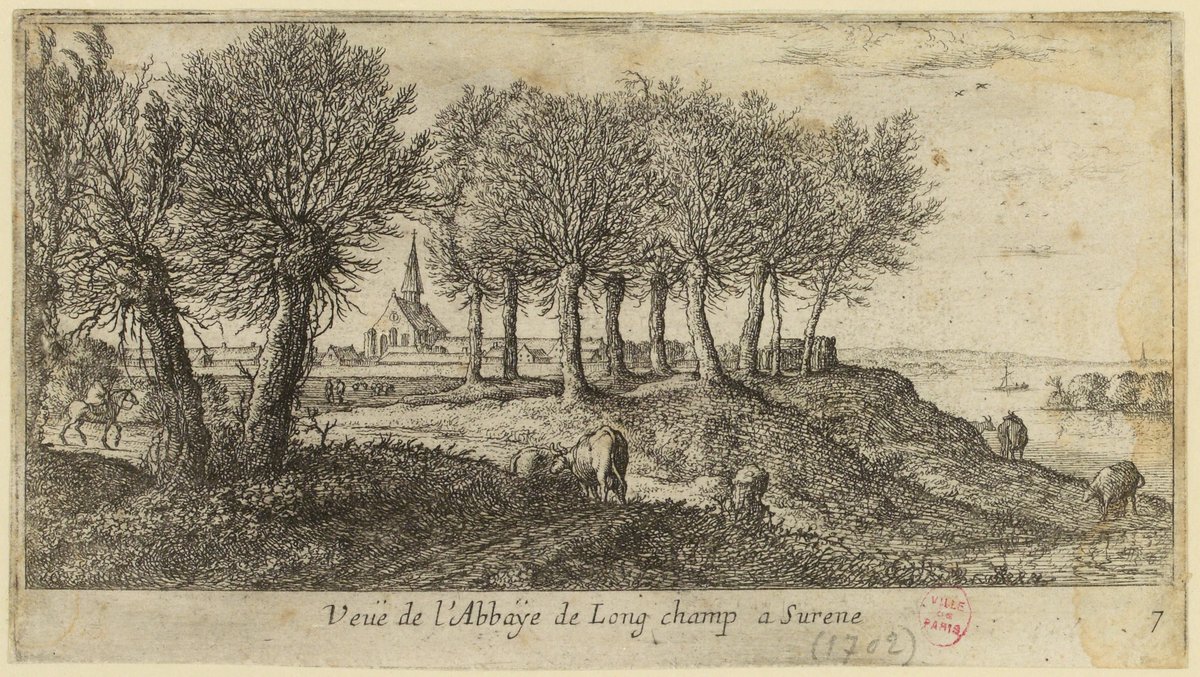 Etching artwork of a natural landscape view near Paris by Albert Flamen, plate number 7 from a series