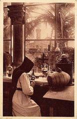 Ancient laboratory of the abbey in 1937 with vintage scientific equipment and shelves