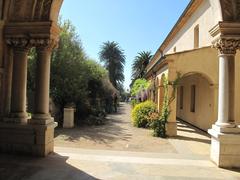 Yard of the church of the Lerins abbaye on Saint-Honorat island with historical architecture