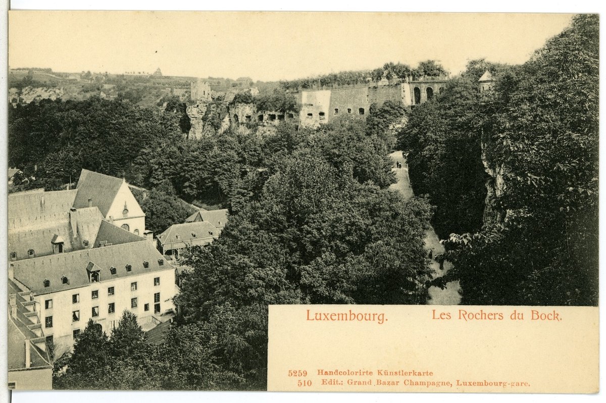 Historic black and white image of Les Rochers du Bock in Luxembourg