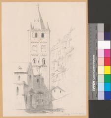 Exterior view of the church tower of the Augustinian Canons' Monastery in Saint-Maurice, Valais, Switzerland