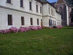 Monastery with basilica in Old Brno district surrounded by hydrangea flowers