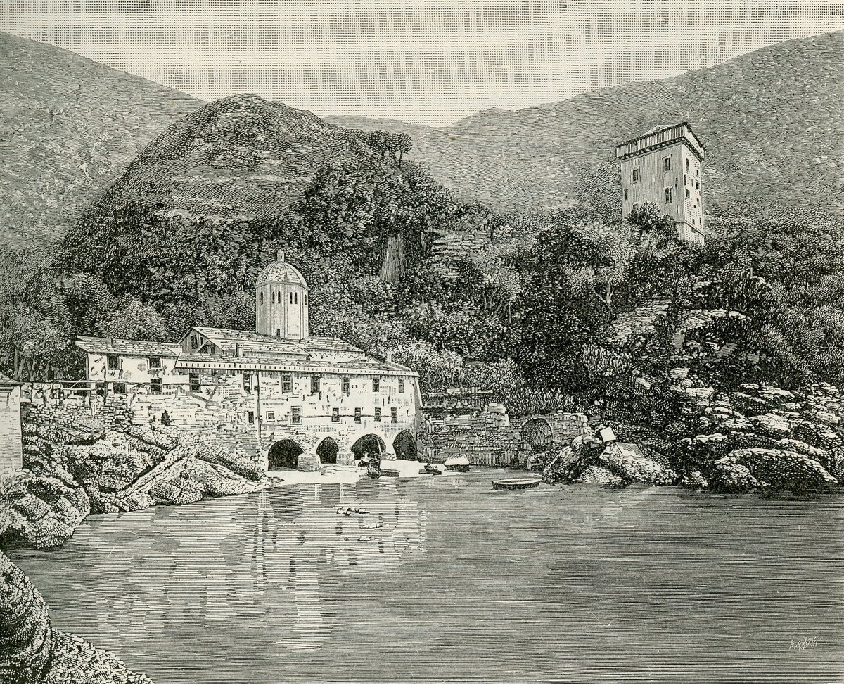 Badia di San Fruttuoso abbey in Camogli depicted in a woodcut style