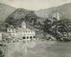 Badia di San Fruttuoso abbey in Camogli depicted in a woodcut style