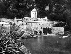 Late 19th and early 20th century image of San Fruttuoso Abbey in Capodimonte, Camogli, Liguria, Italy