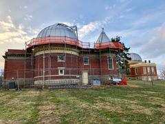 Historic Cincinnati Observatory building in Hyde Park, Cincinnati, Ohio under clear blue sky