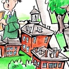 Cartoon drawing of Old City Hall, a two-story red brick building with a white cupola in Philadelphia