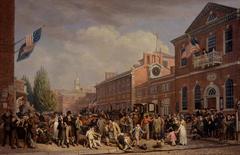 Election Day in Philadelphia painting by John Lewis Krimmel showing a bustling 1815 scene outside the Statehouse