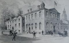 Watercolor study of Old Philadelphia showing Philosophical Hall, Old City Hall, and Independence Hall tower