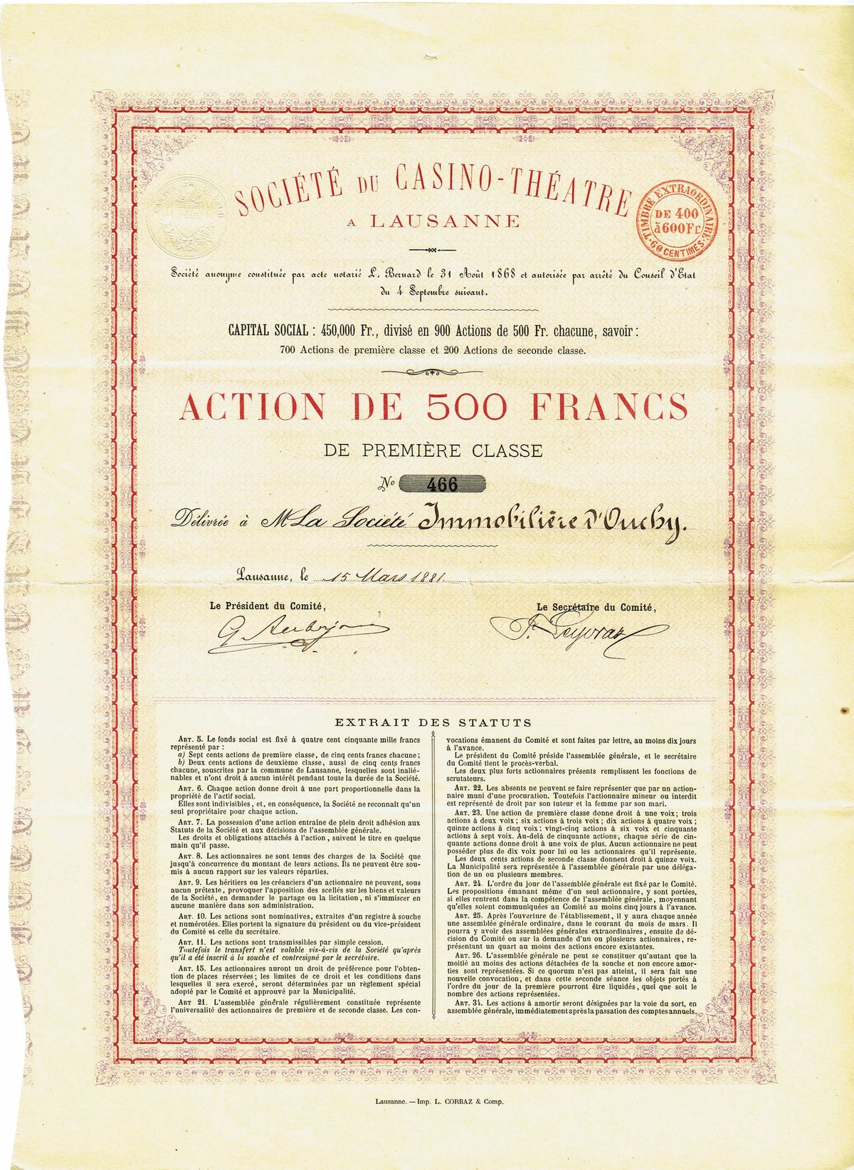 Share certificate of the Soc. du Casino-Théâtre in Lausanne issued on March 15, 1881