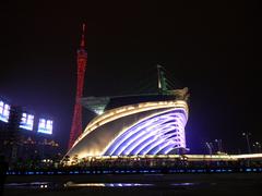 Guangzhou Opera House and Canton Tower illuminated at night